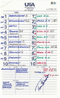 Tommy Lasorda Signed 2000 Sydney Olympics Team USA Lineup Cards (MLB Authenticated & Lasorda LOA)